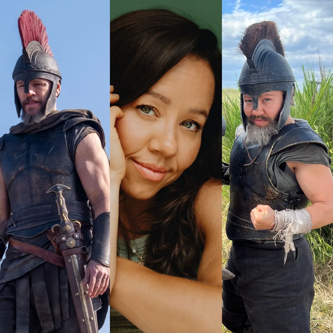 three photos side by side showing MAtt Damon as Odysseus, Devyn Dalton, and Daveyn Dalton in costume as Matt Damon's stunt do