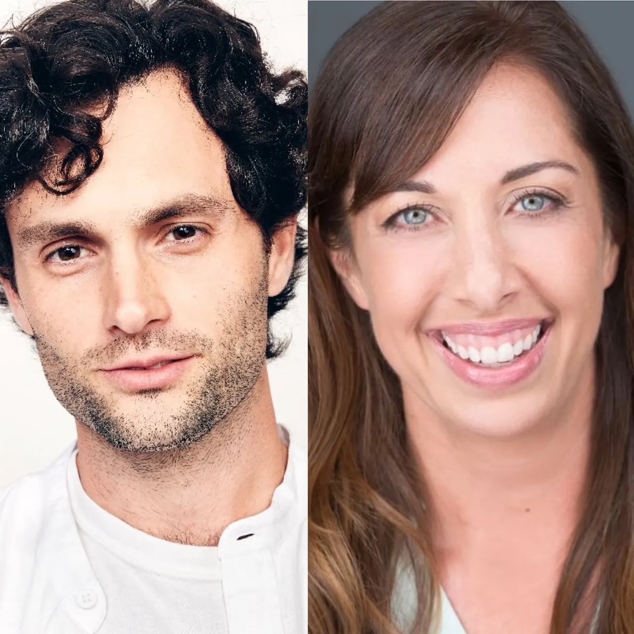 two photos side by side of Penn Badgley and Dr. Nura Mowzoon who are running the "Can We Talk?" discourse series. Tney're bot