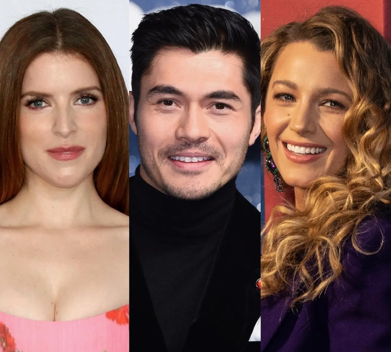 3 photos side by side of 'A Simple Favor 2' cast members Anna Kendrick. Henry Golding and Blake Lively smiling at separate re
