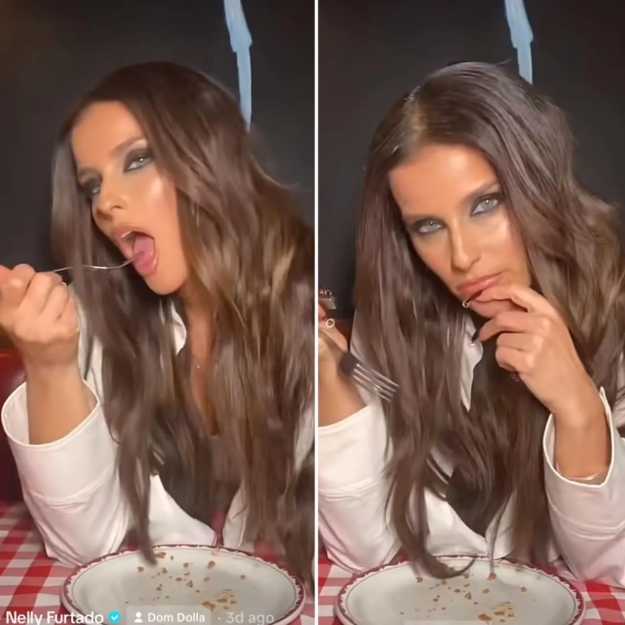 two still of Nelly Furtado sitting at a table. She has long bron hair and is holding a fork, with sultry expressions on her f