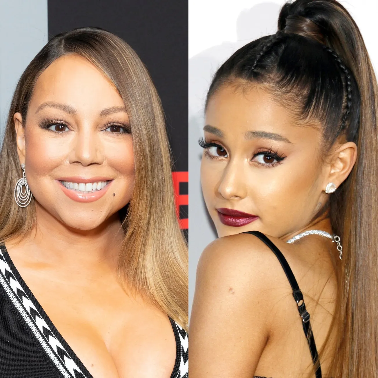 2 photos side by side of Mariah Carey and Ariana Grande who are collaborating on Ariana's track "Yes, And?'