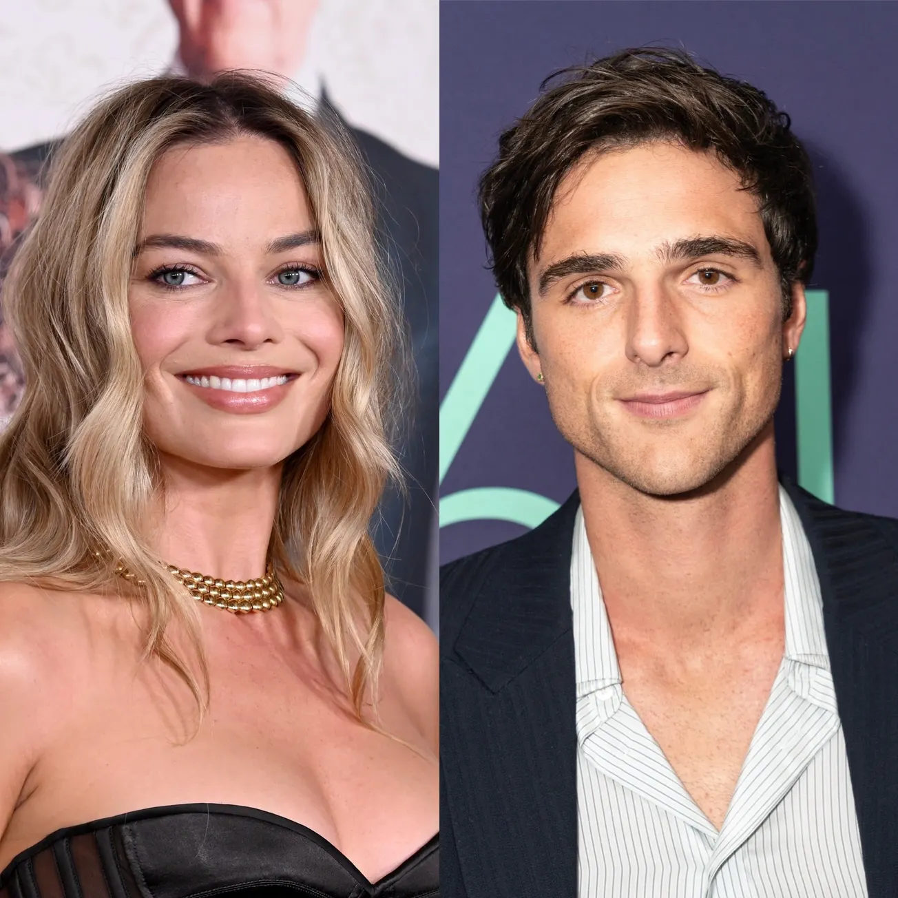 two photos side by side of newly announced Wuthering Heights stars Margot Robbie and Jacob Elordi. They are smiling at separa