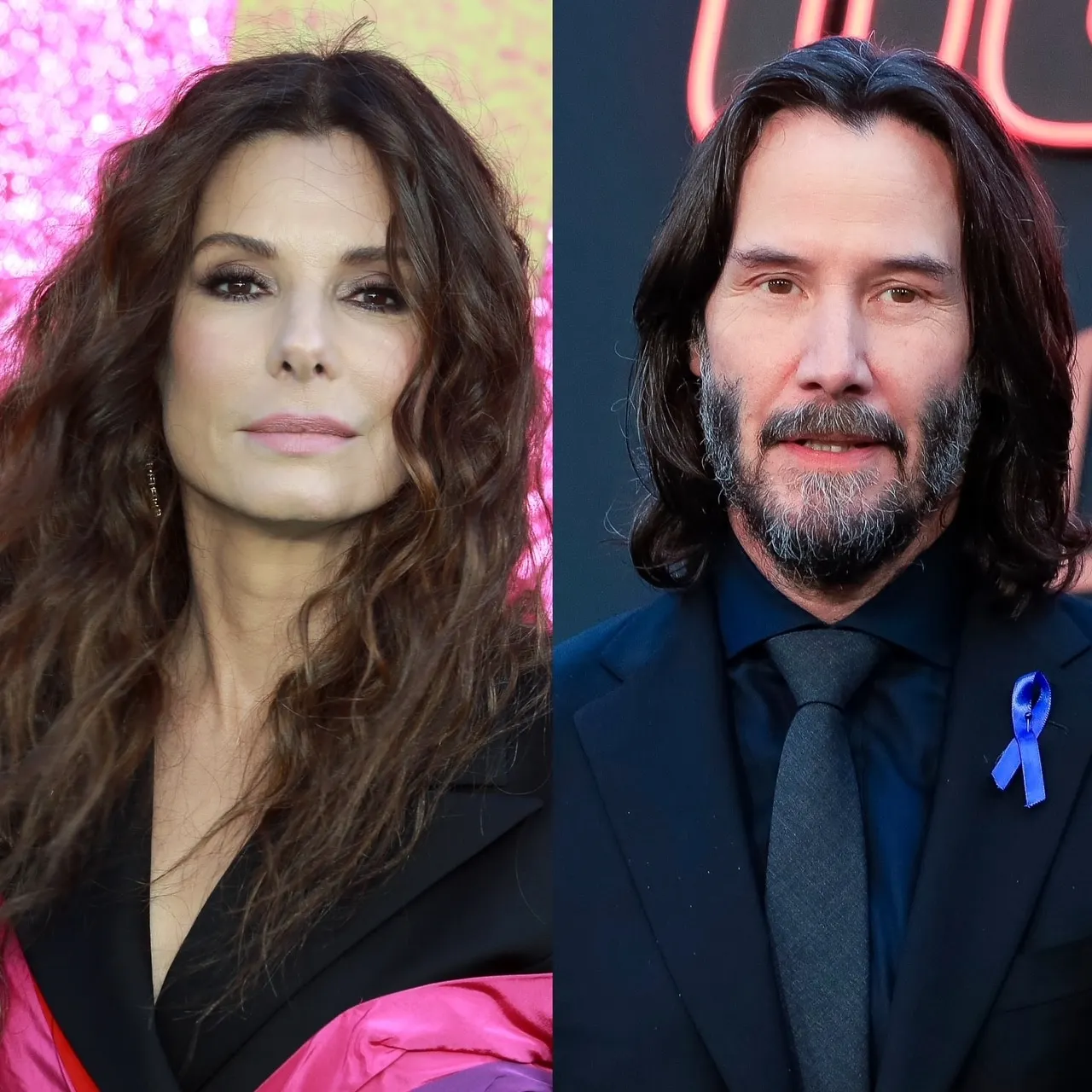 2 photos side by side of Sandra Bullock and Keanu Reeves at red carpet events