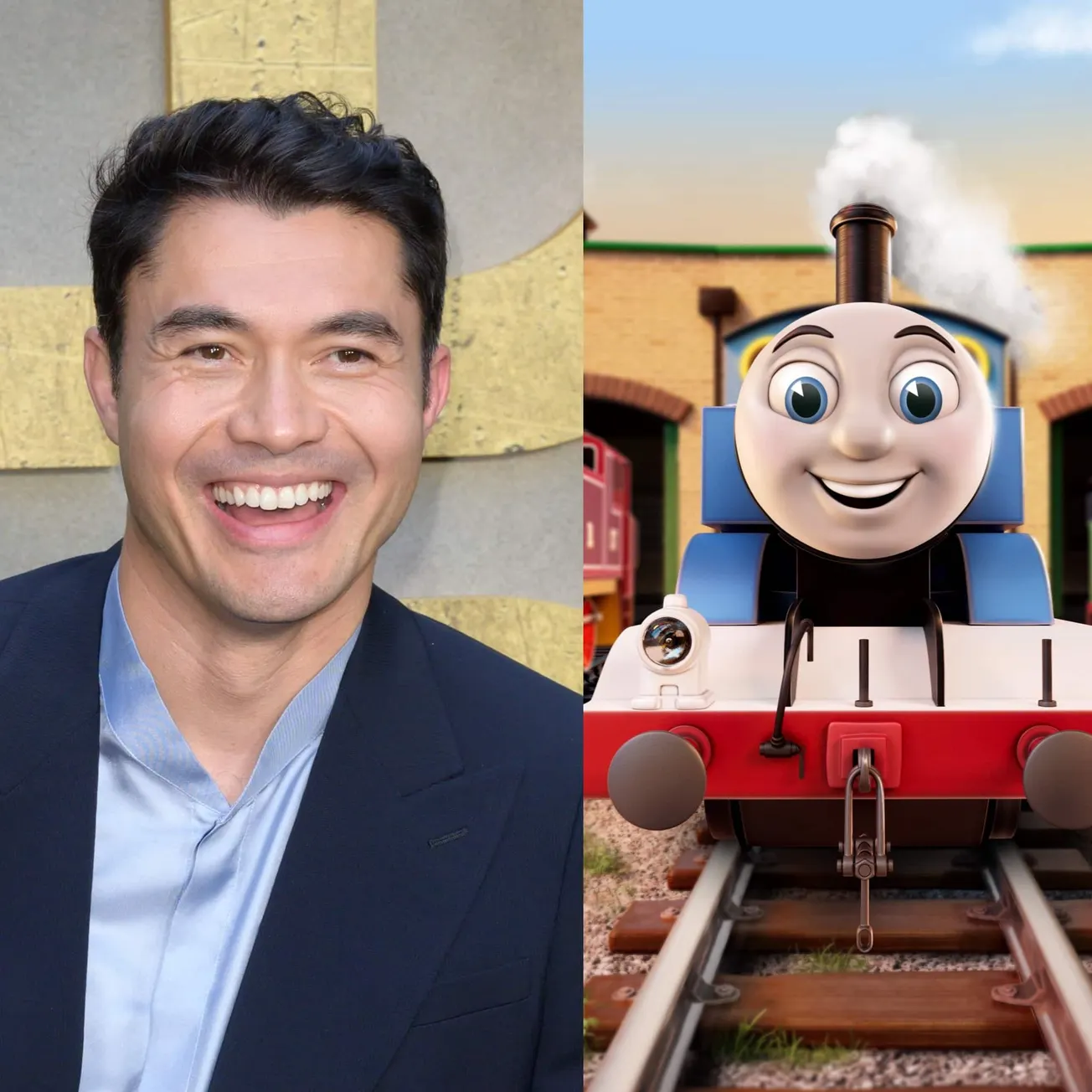 Henry Golding smiling at a red carpet event and a picture of the new Thomas the Tank Engine animated series showing the blue