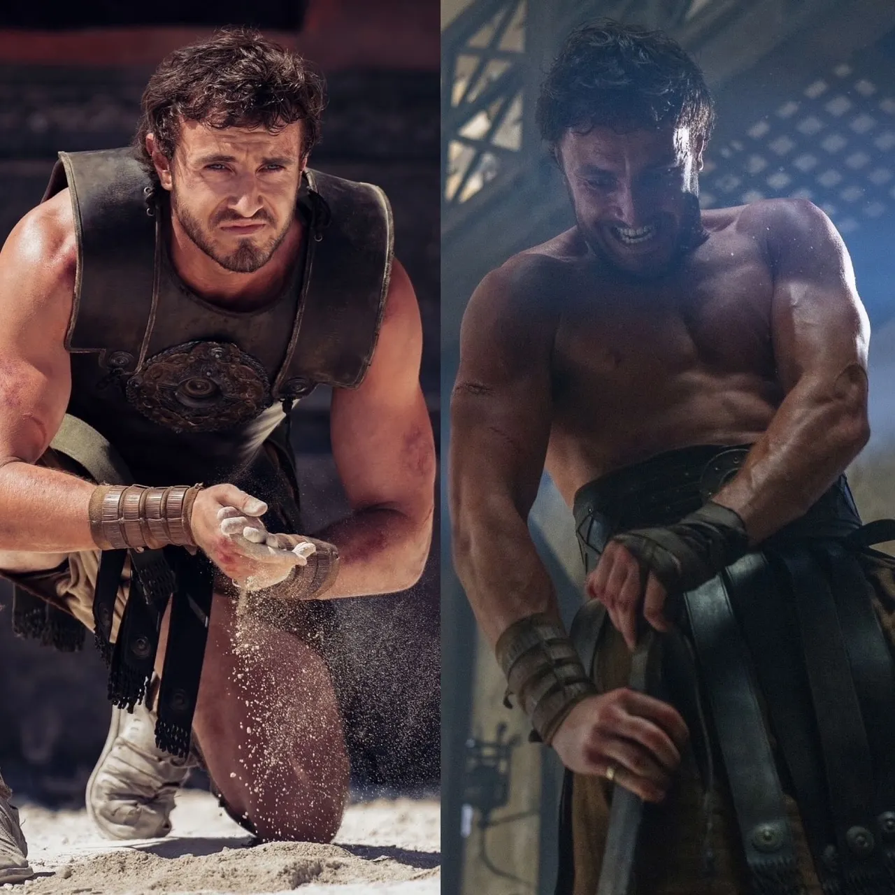 Paul Mescal as Lucius Verus II in Gladiator II (sequel). He is shown kneeling down and rubbing his hands with sand and shirtl