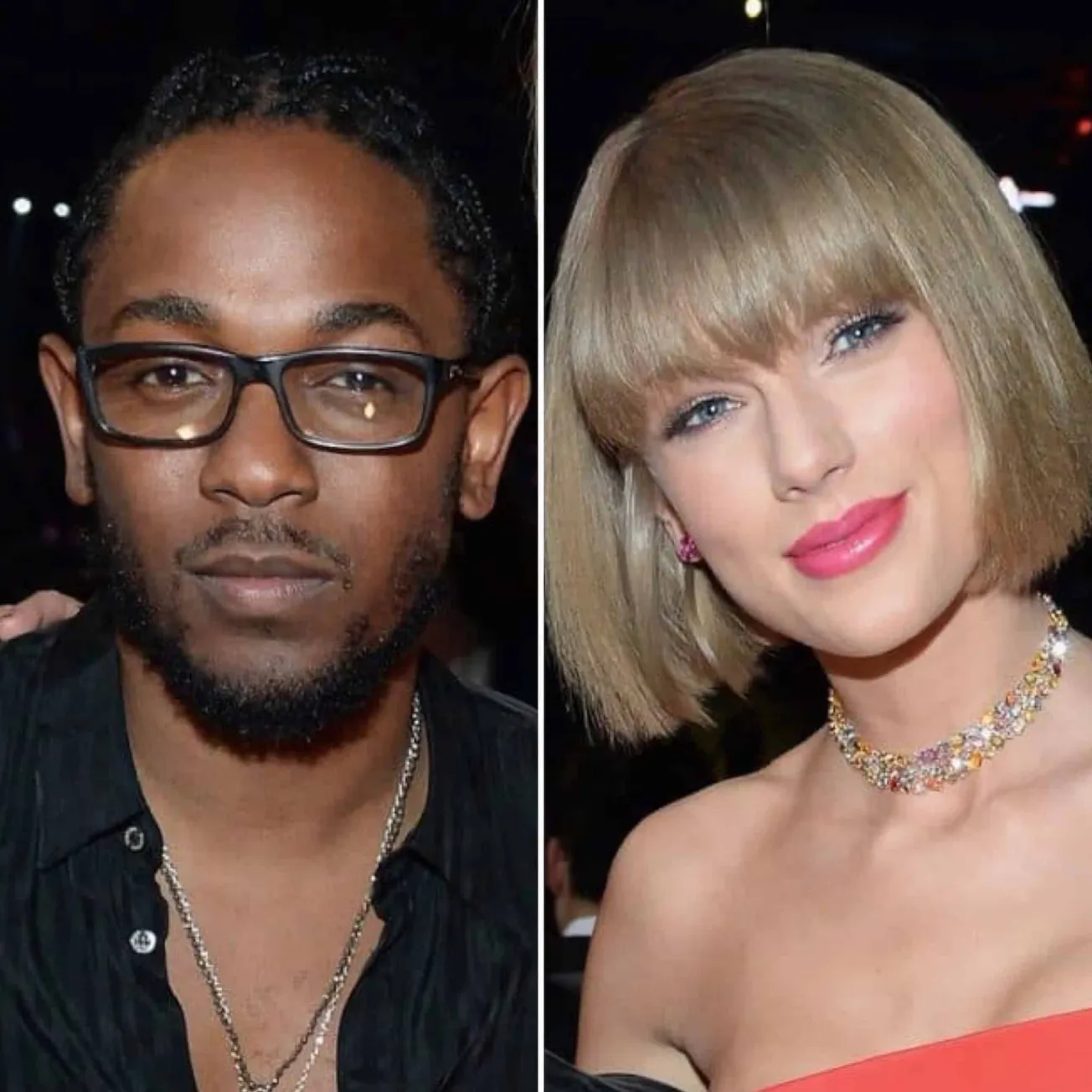 Kendrick Lamar dressed in black beside Taylor Swift wearing a red bandeau, smile together at the Grammys.