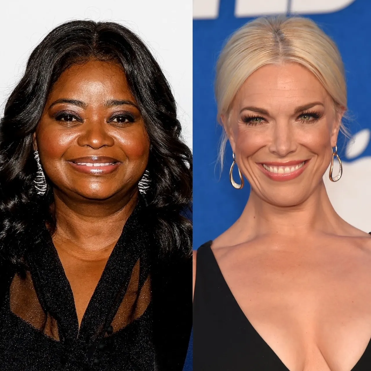Two photos side by side of Octavia Spencer and Hannah Waddingham smiling at separate press events