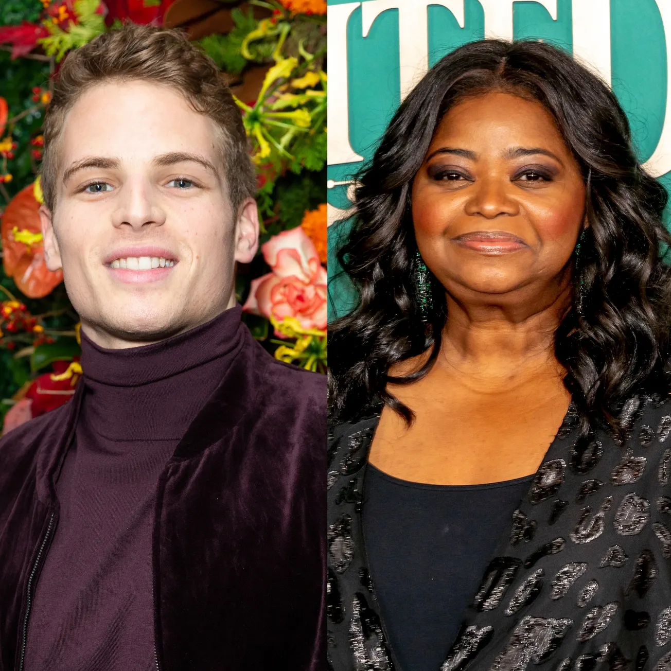 Two photos side by side of Gianni Paolo and Octavia Spencer smiling at separate red carpet events