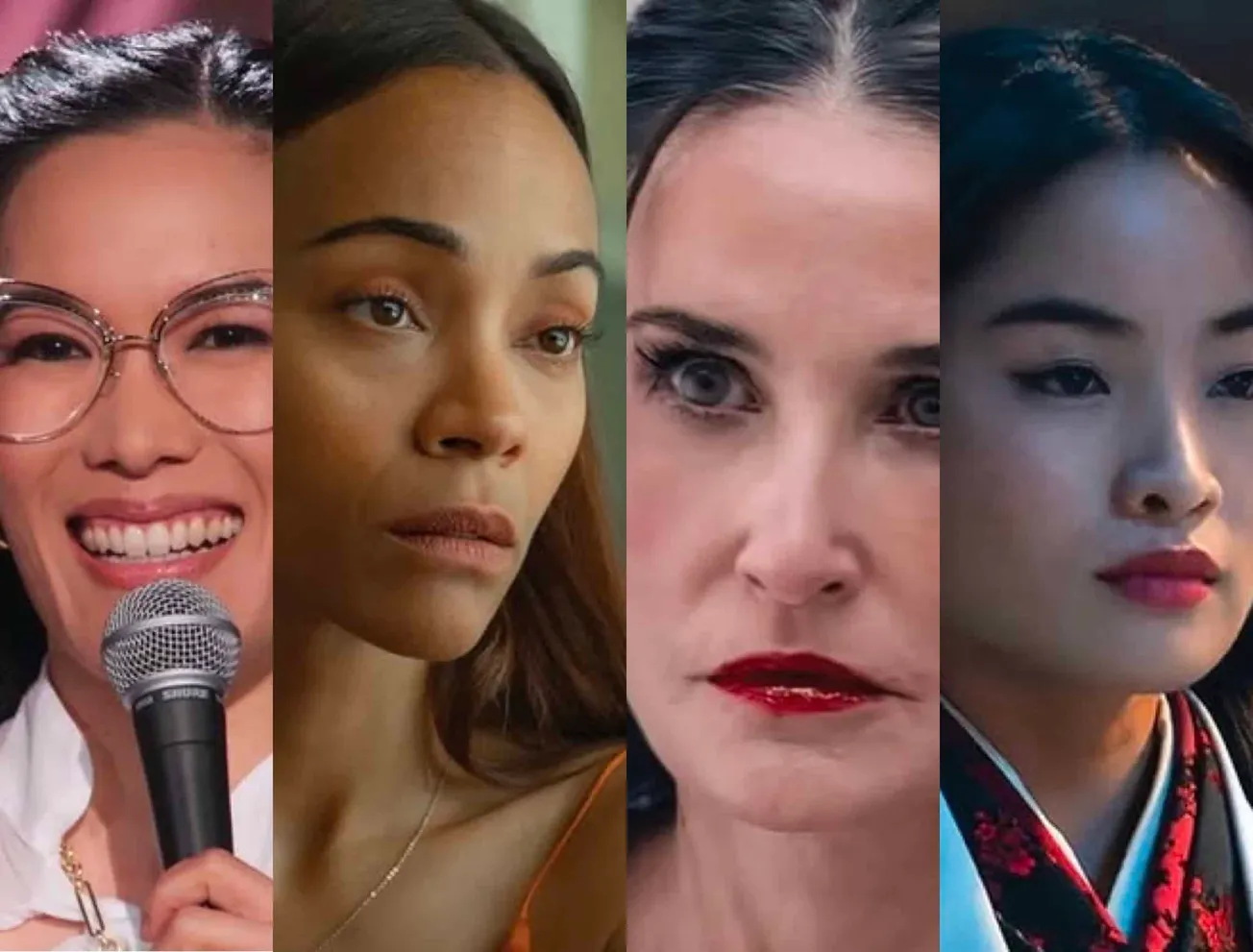 Golden Globes 2025 winners featuring stills of Ali Wong, Zoe Saldaña, Demi Moore and Anna Sawai in their award-winning roles