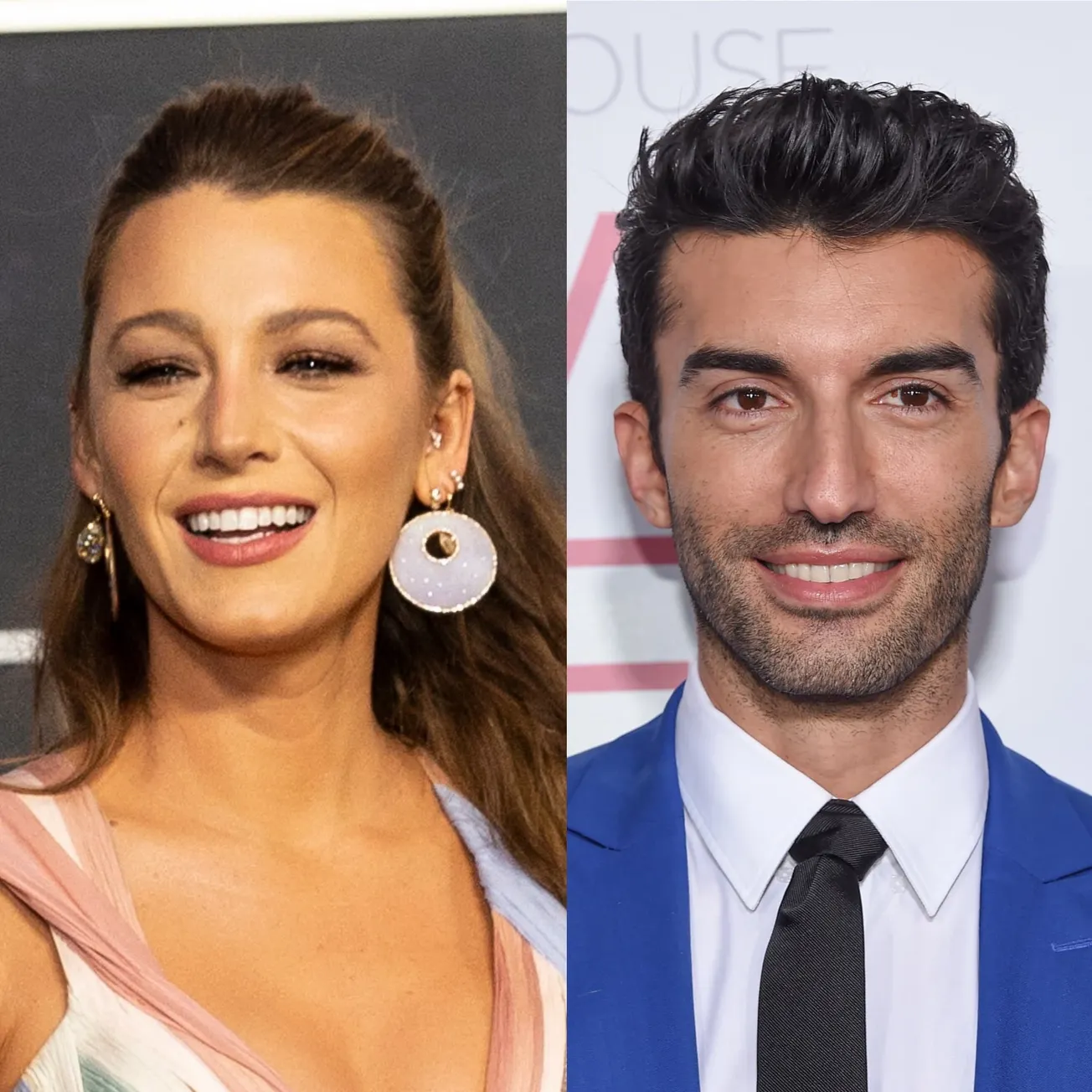 two photos side by side showing photos of Blake Lively and Justin Baldoni