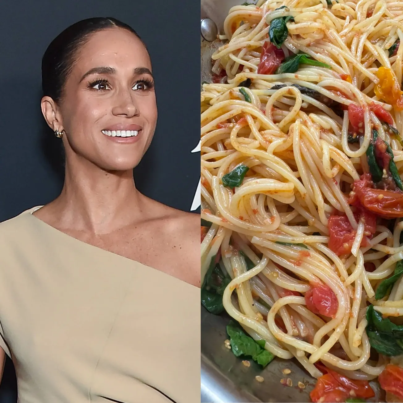 Two photos side by side. One of Meghan Sussex smiling at a red carpet event wearing a one shoulder camel dress. And on the ri