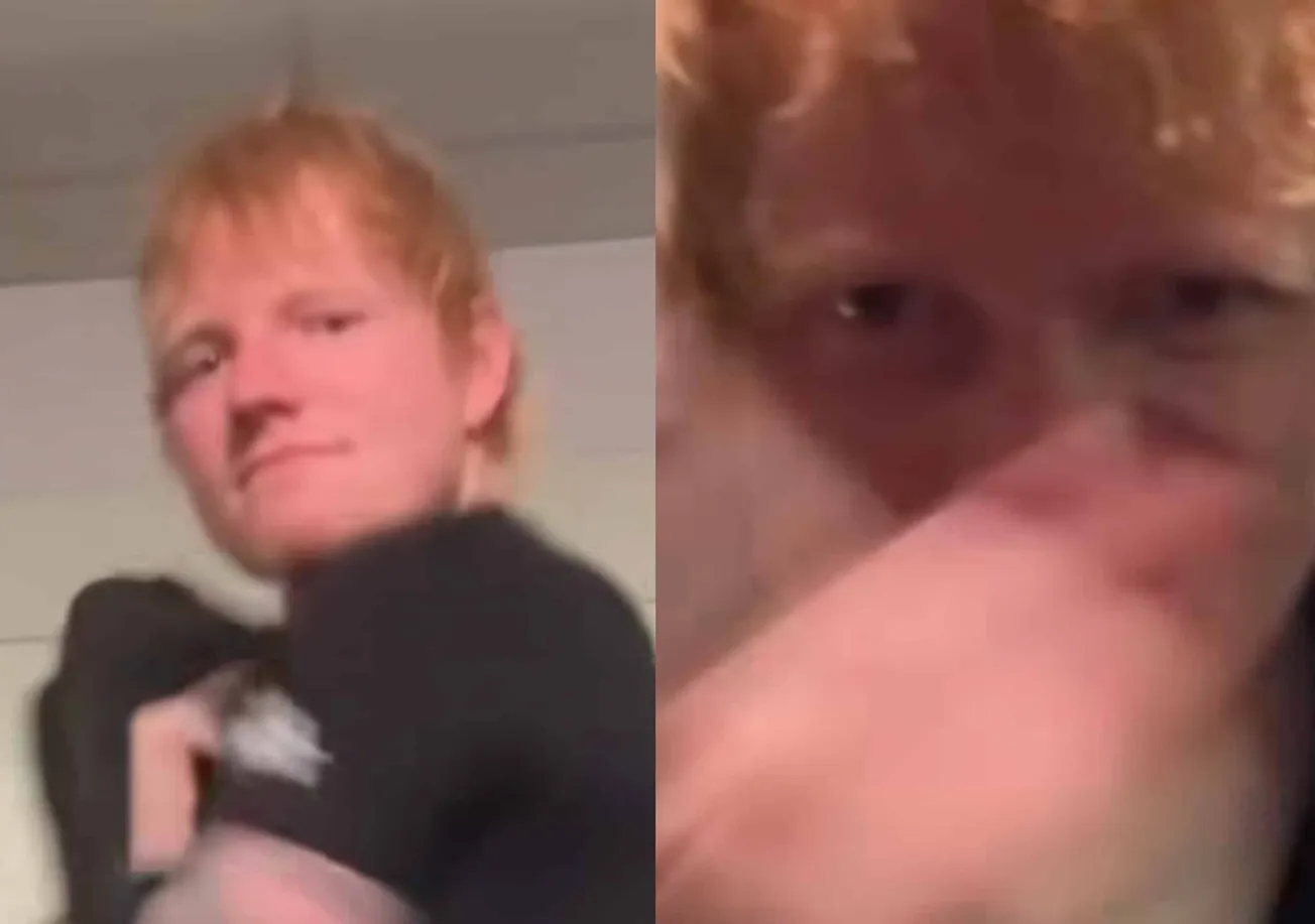 two still of Ed Sheeran, he is responding to a viral video meme about his song "Thinking Out Loud"