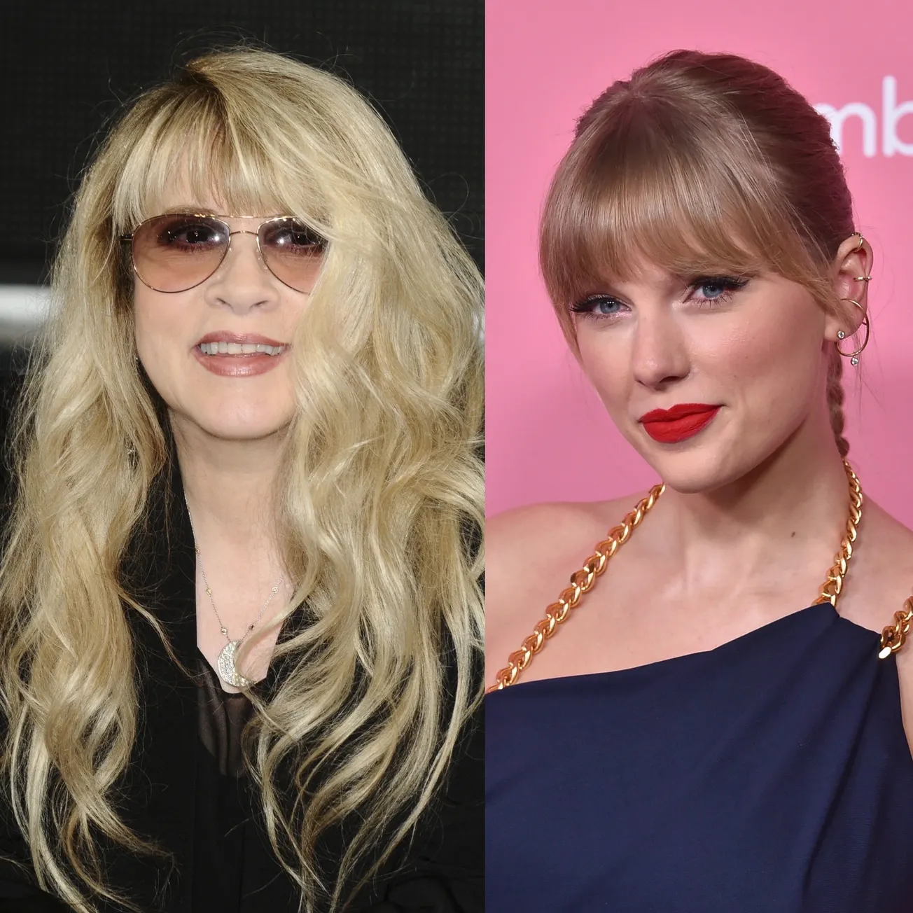Stevie Nicks and Taylor Swift smile at separate press events