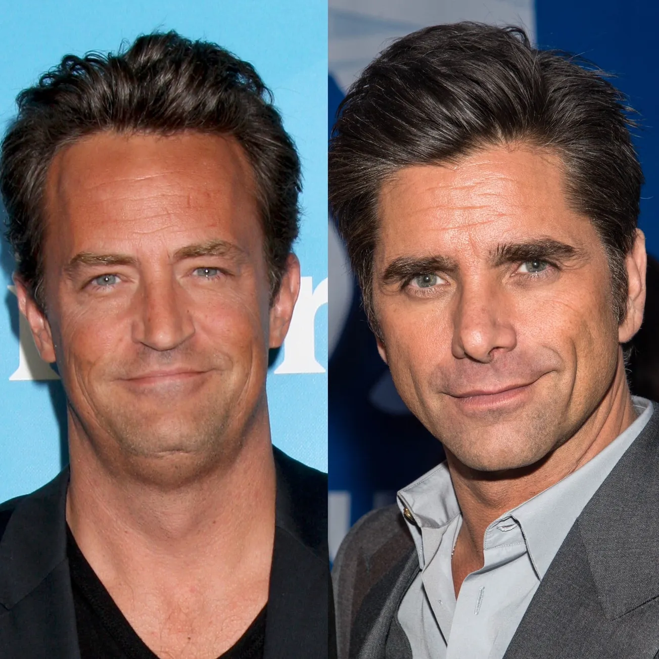 2 photos side by side showing photos of Matthew Perry and John Stamos smiling at separate press events.