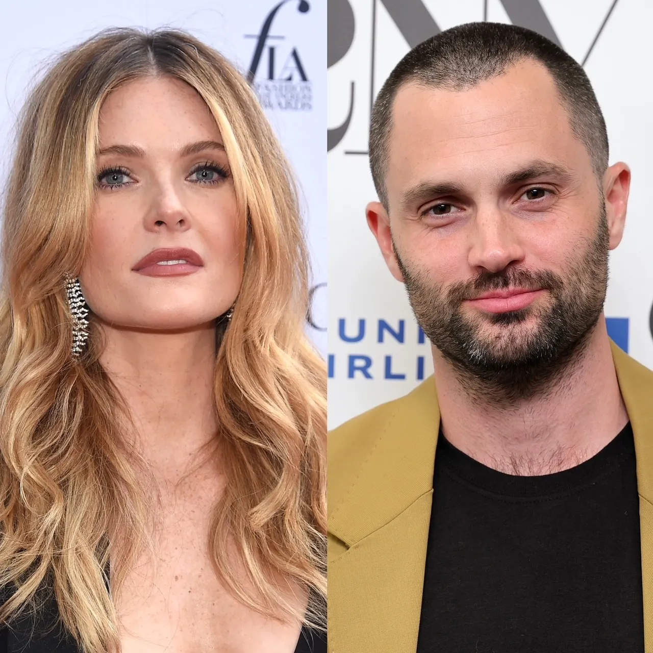 Meghann Fahy and Penn Badgley at separate red carpet events.