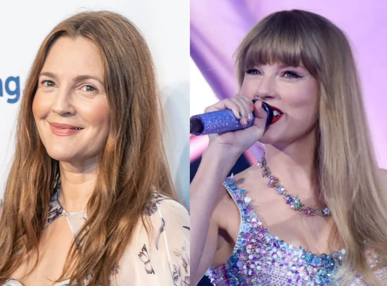 Two photos side by side of Drew Barrymore smiling at a press event and Taylor Swift dressed in a sparkling lavender corset, h