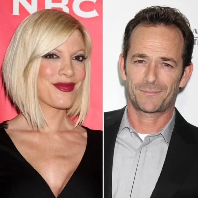 Tori Spelling and Luke Perry smiling at red carpet events.