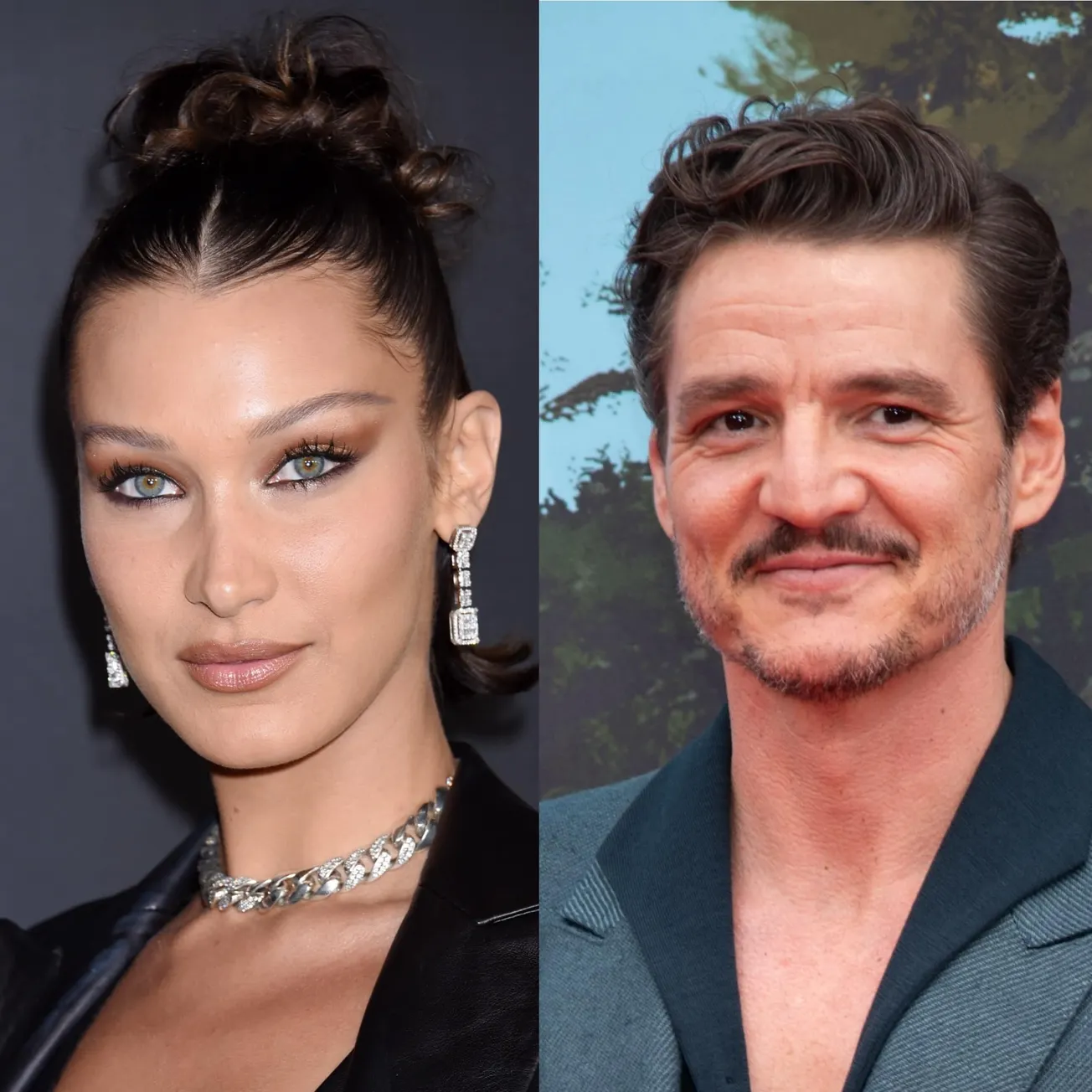 two photos side by side of Bella Hadid and Pedro Pascal at red carpet events
