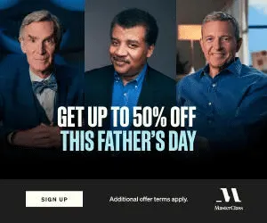 MasterClass promotion: A photo of 3 instructors with the words: Get Up To 50% Off This Father's Day
