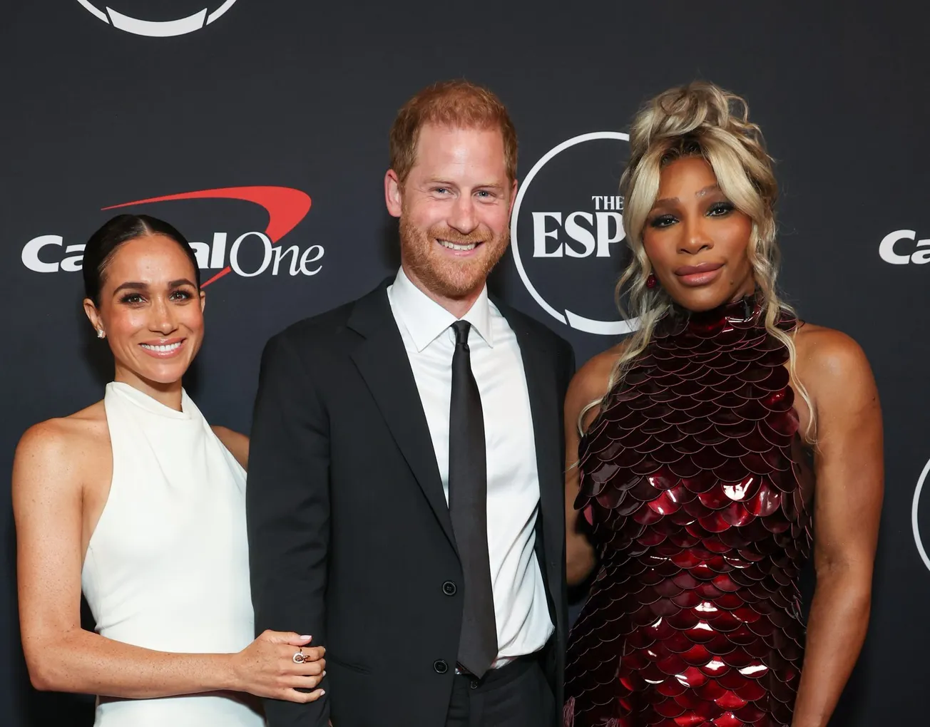 Meghan, Prince Harry and Serena Williams smile together for a photo at the 2024 ESPY Awards