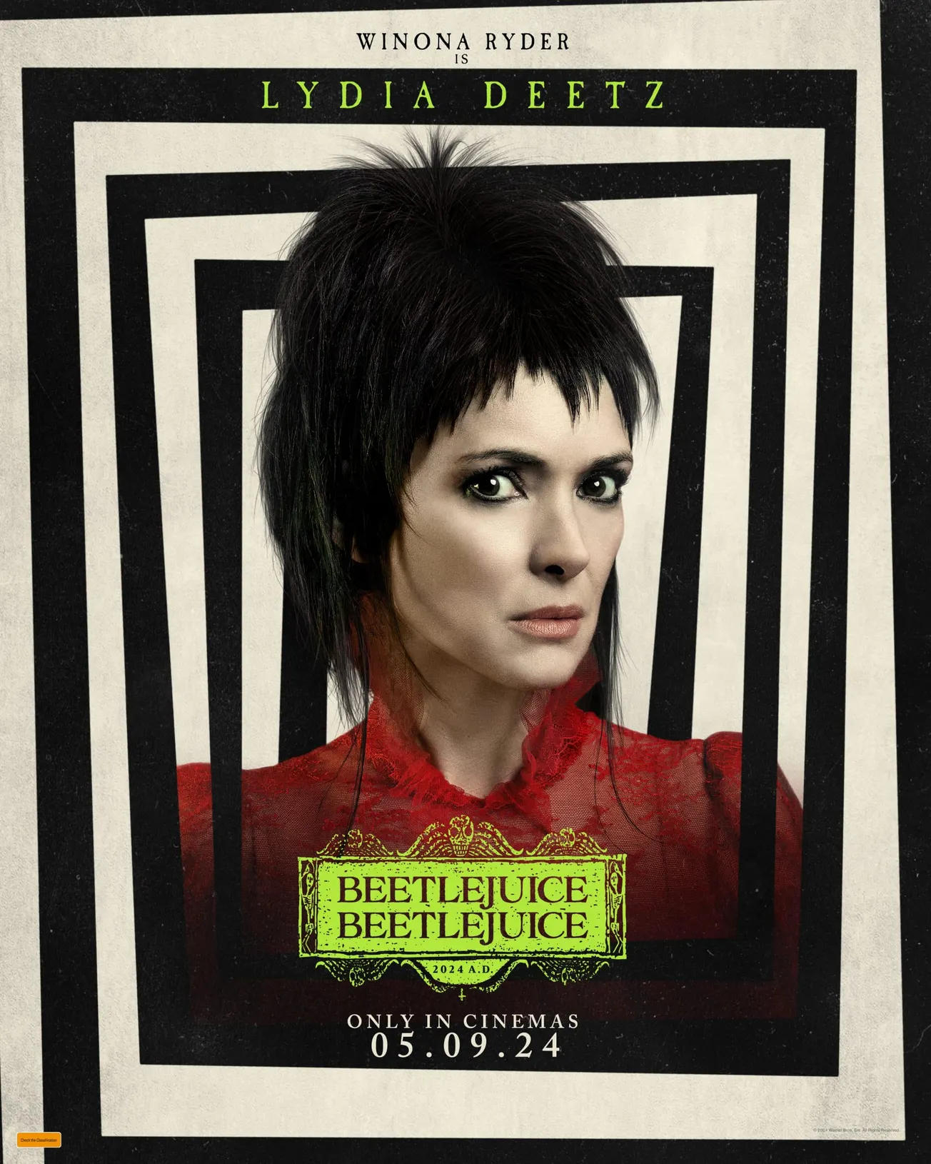 Winona Ryder with spiky black hair and a goth-like appearance in the new character poster and trailer for 'Beetlejuice' movie