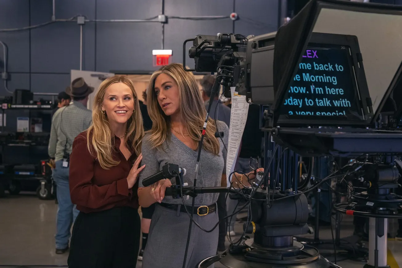 Reese Witherspoon and Jennifer Aniston as their characters Alex and Bradley in The Morning Show Season 5