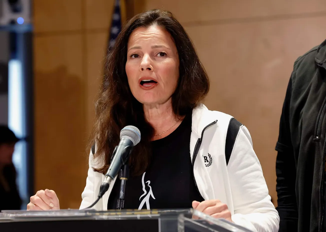 Fran Drescher speaks at a press conference announcing SAG-AFTRA's vote calling for actors to strike.