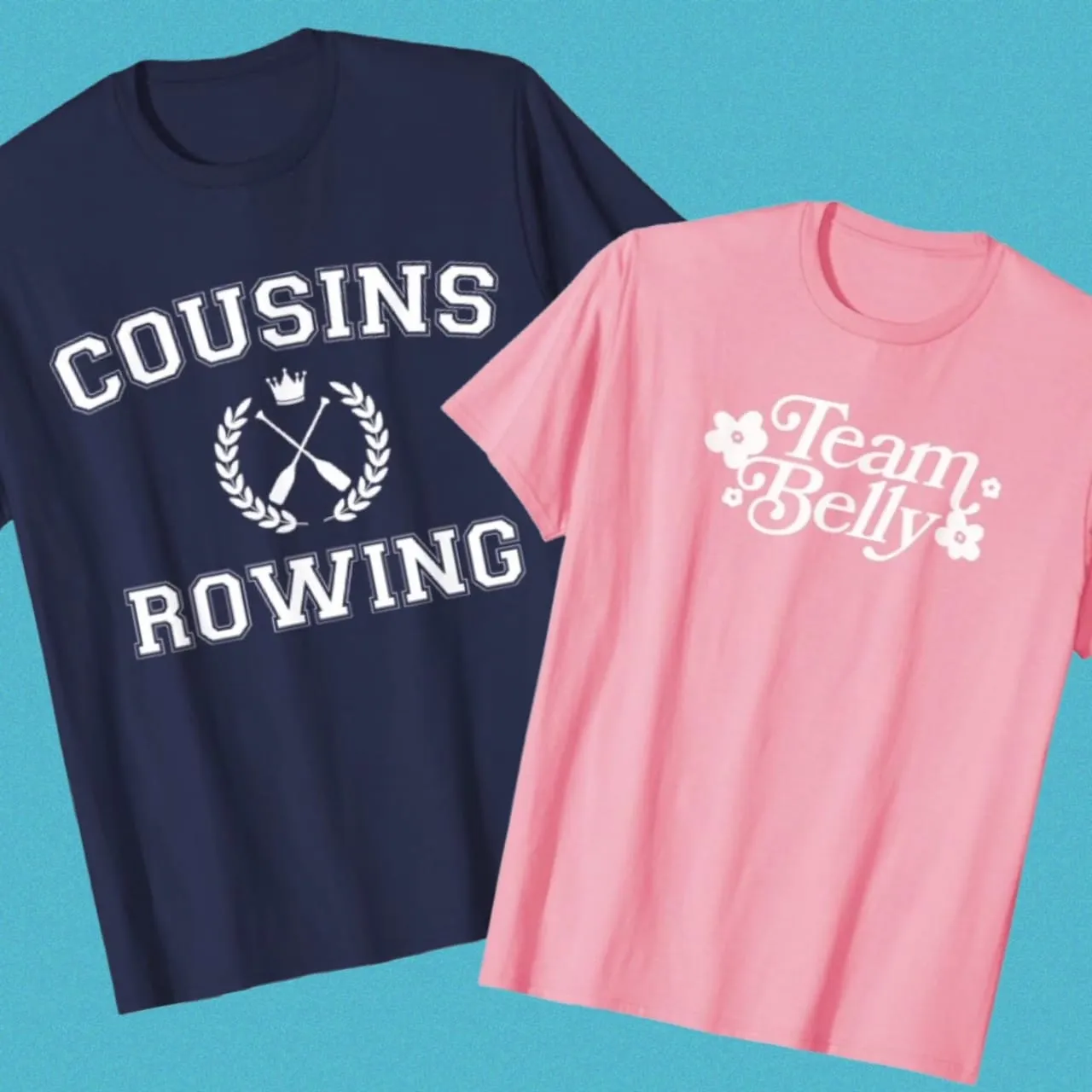 'The Summer I Turned Pretty' merch featuring a navy Cousins Rowing t-shirt and a pink Team Belly top