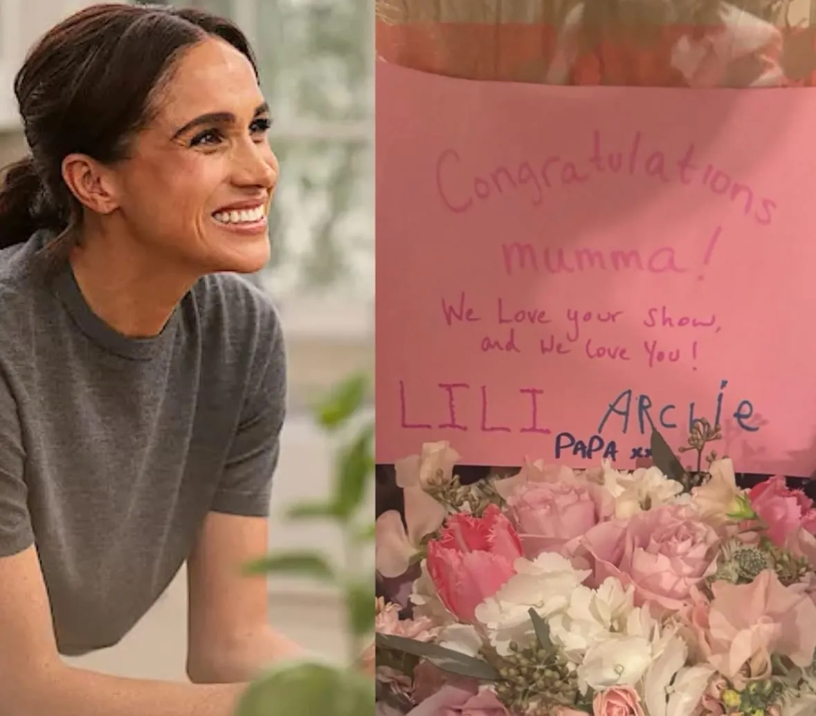 Meghan the Duchess of Sussex in a still from her lifestyle series, With Love Meghan. She's leaning over a kitchen bench and s