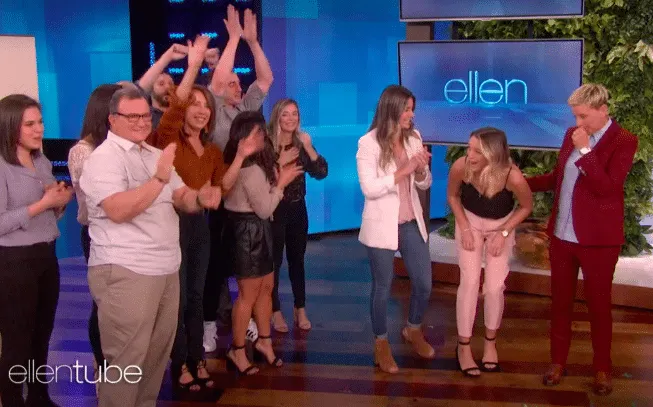 Ellen surprises same-sex couple on The Ellen Show (Photo via ellentube)