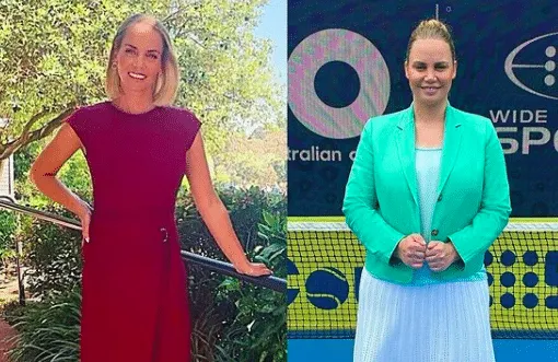 Two photos of Jelena Dokic side by side. In the first she wears a red dress and has her blonde hair out above her shoulders.