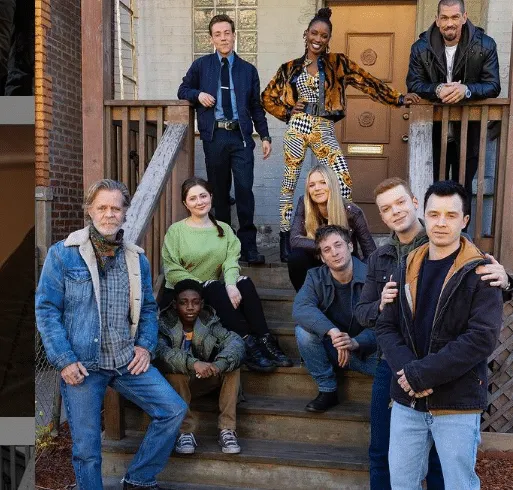 Shameless cast stand outside the steps of the Shameless film set.
