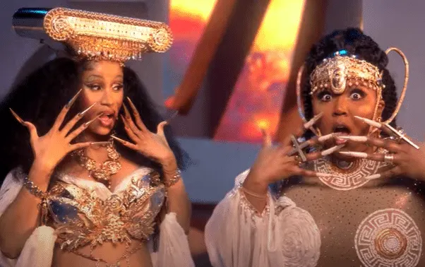 Cardi B and Lizzo in their new music video for "Rumors".