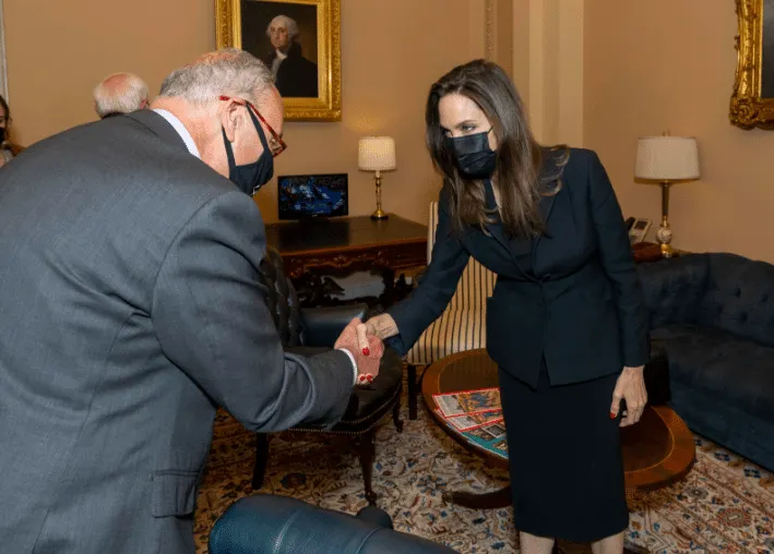 Angelina Jolie shakes hands with Sen. Chuck Schumer. She wears a black suit and black face mask.