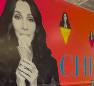 Cherlato Gelato: a photo of Cher licking an ice cream cone emblazoned on a colourful food truck.
