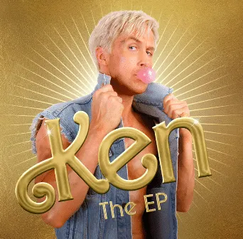 "Ken The EP' showing Ryan Gosling as Ken blowing bubble gym with a gold aura behind him