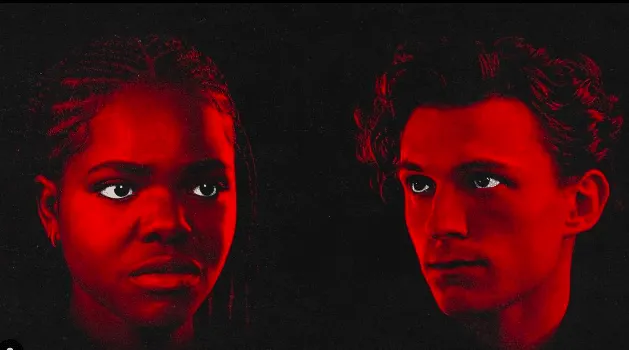 a red and black poster of Tom Holland and Francesca Amewudah-Rivers as Romeo and Juliet