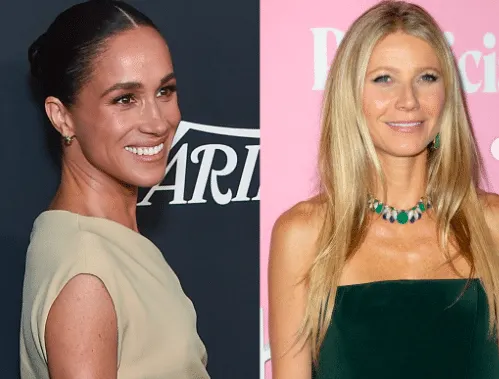 Two photos side by side of Meghan Sussex and Gwyneth Paltrow smilign at separate red carpet events