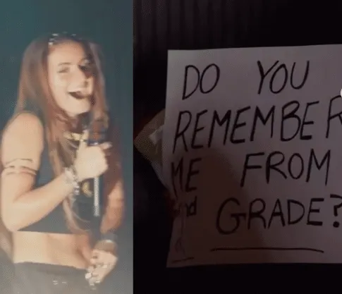Two stills side by side, one of Natalie Jane on stage, holding a mic and laughing, and another of someone in the audience hol