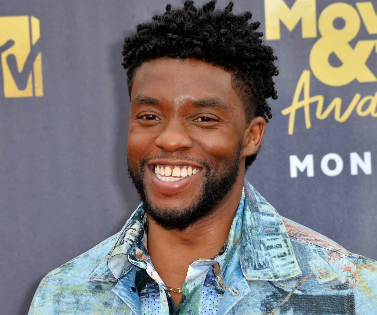Chadwick Boseman smiling at a press event.