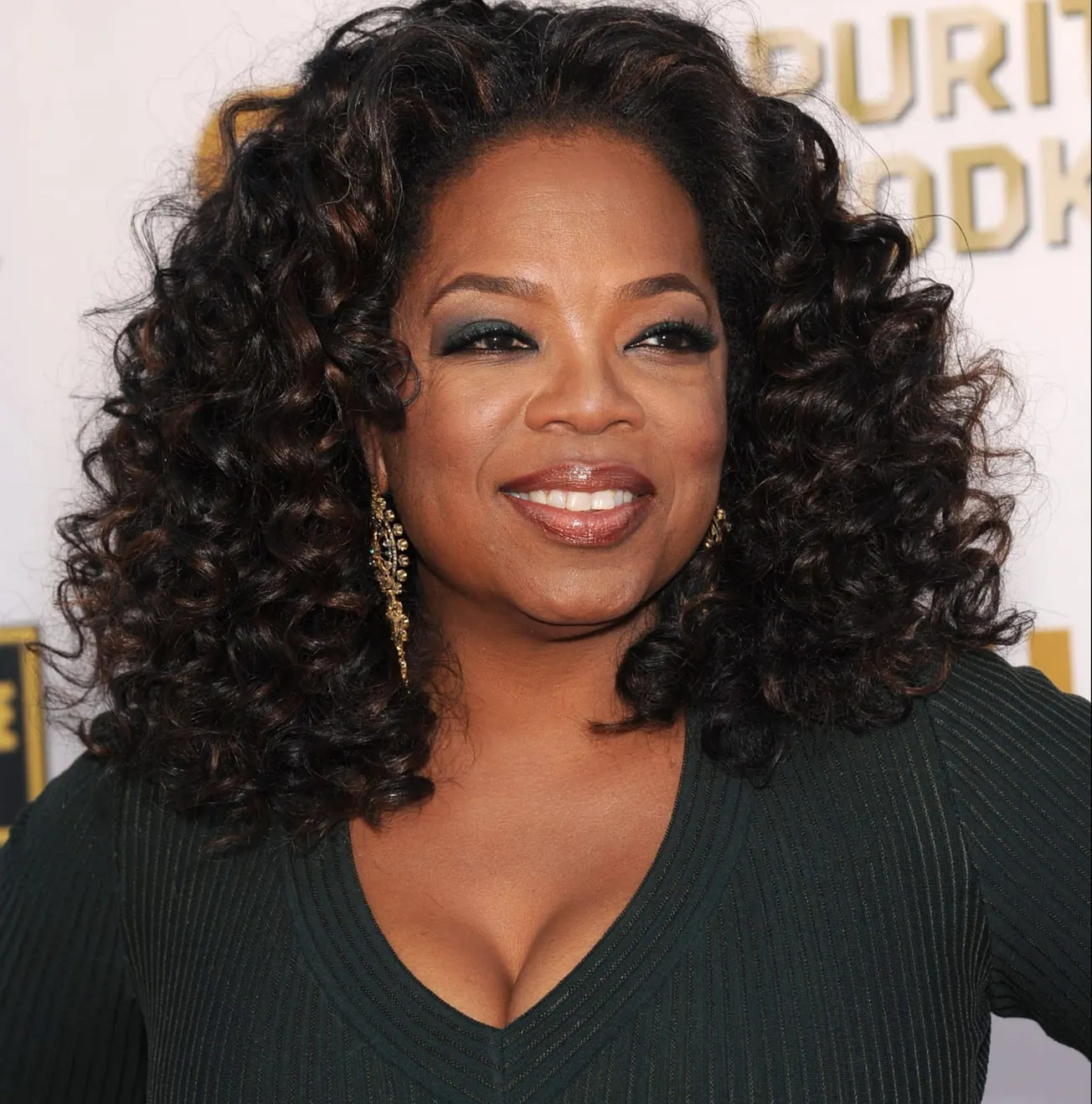 Oprah smiles at a red carpet event. she has curly black hair that sits on her shoulders and wears a V-neck dress that is a fo
