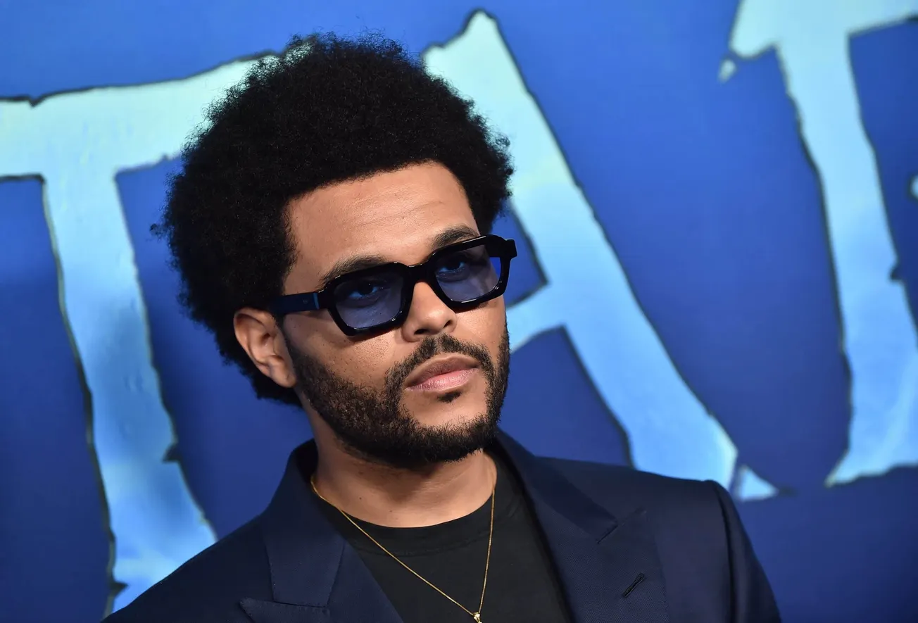 a close up photo of The Weeknd/Abel Tesfaye wearing sunglasses and with facial hair at a press event.