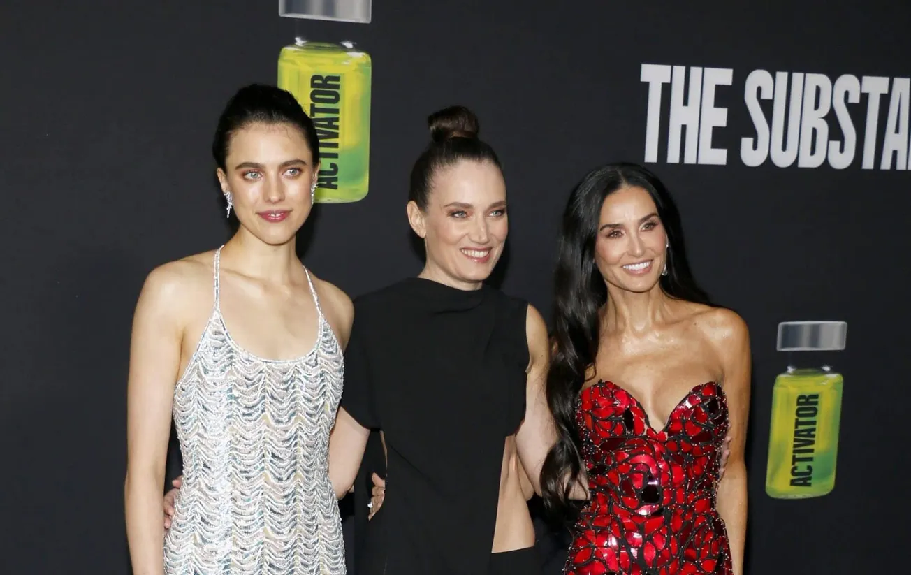 Margaret Qualley with Coralie Fargeat and Demi Moore, who are both nominated for an Oscar, attending a red carpet event toget