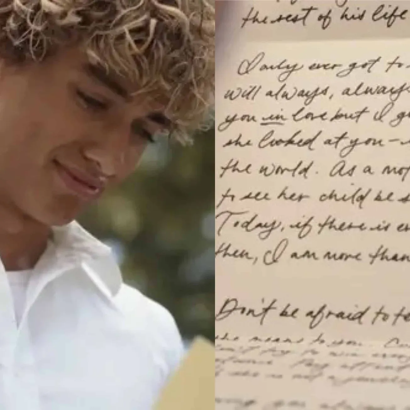 Two stills side by side showing a handwritten letter, and Jeremiah in tears while reading it
