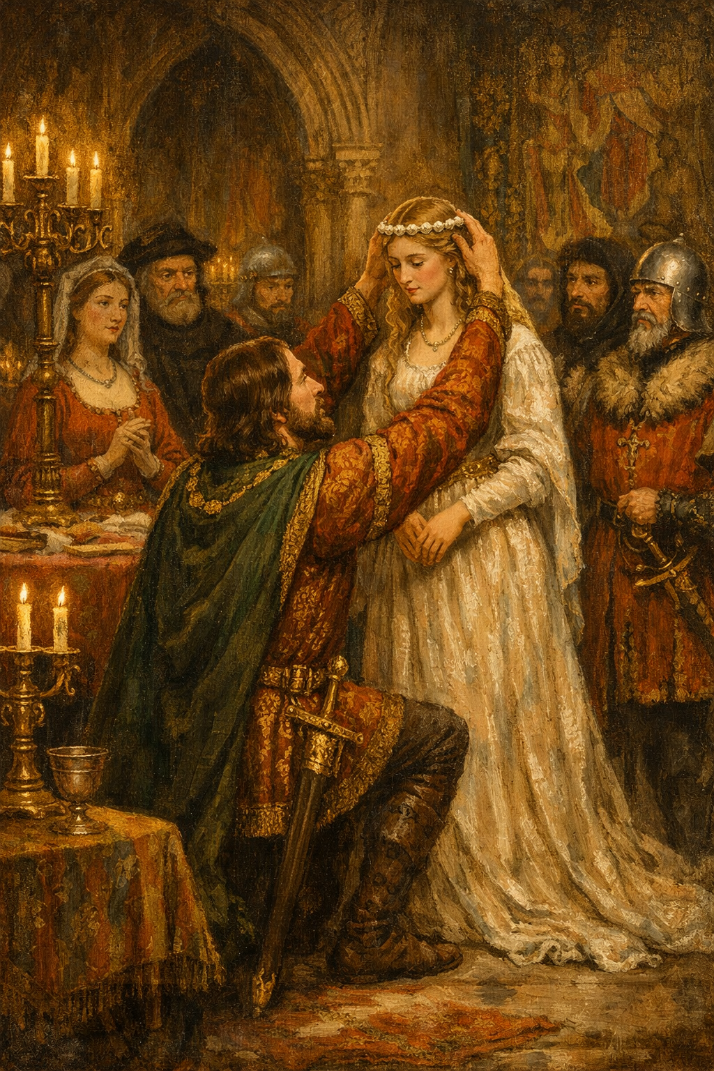 “Then the master of the feast stood up, and taking the coronet in both his hands, bent one knee before Beatrice, and then rising, placed the chaplet gently on her head, saying, ‘God save the Queen of the Feast.’”