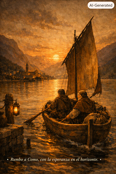 Barqueros partiendo hacia Como al atardecer