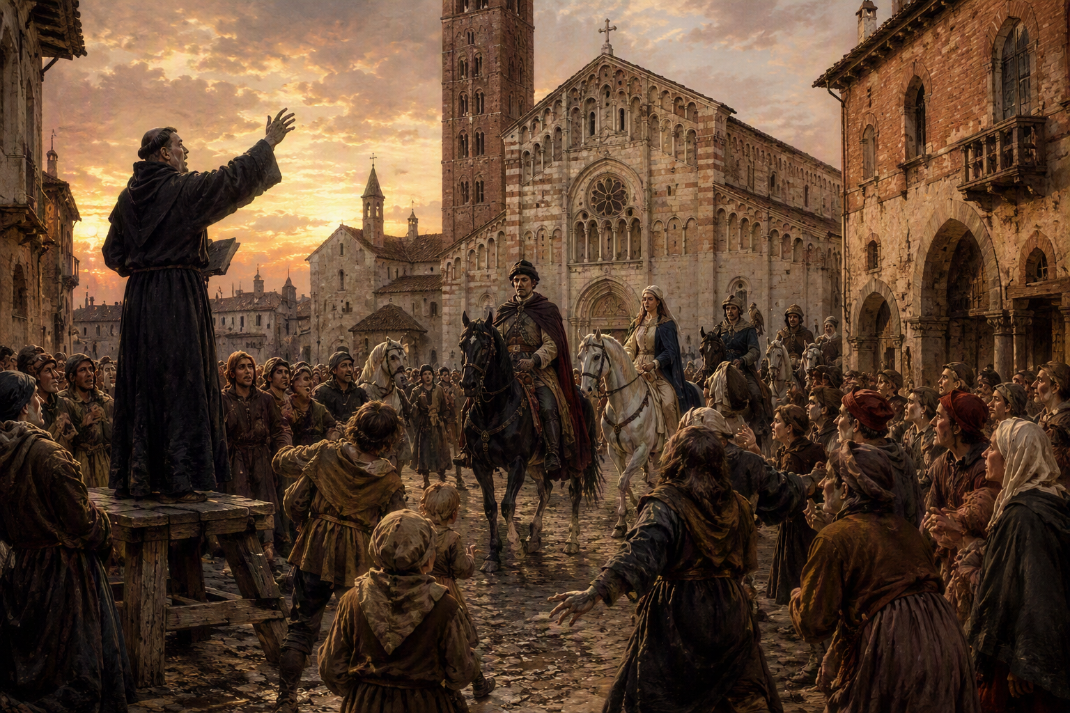 «Llegaron a la plaza de San Juan de Monza a la hora de vísperas y vieron una numerosa concurrencia agolpada alrededor de un cura que predicaba con gran vehemencia.»++