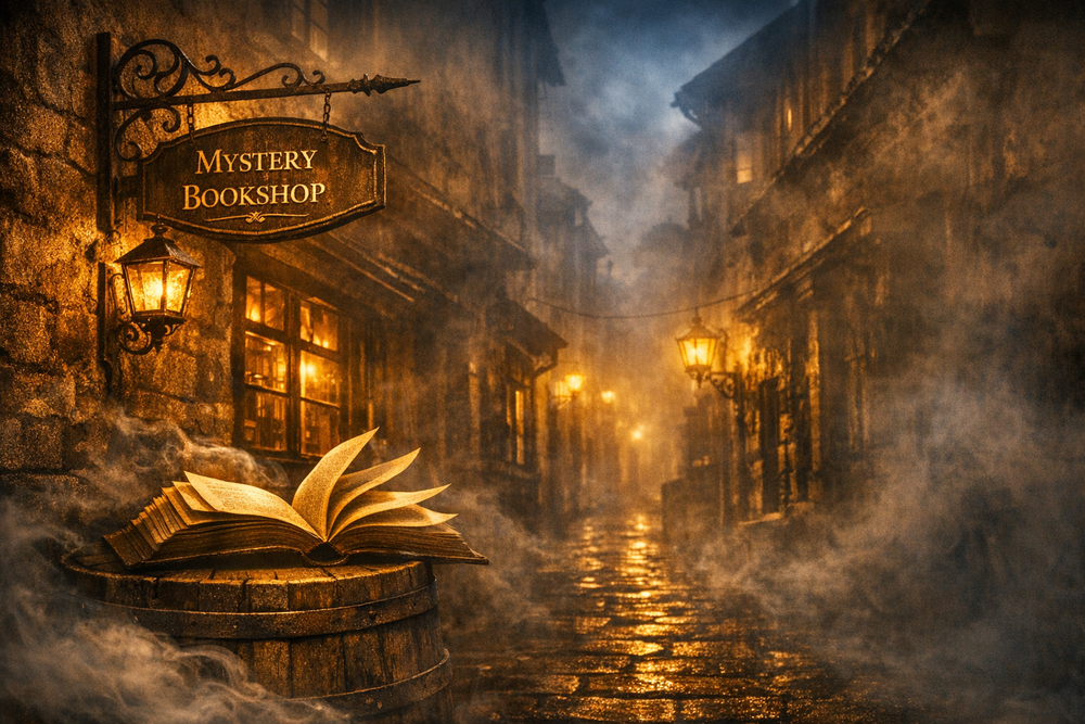 “Foggy night alley with the illuminated Mystery Bookshop sign, warm lantern light, open book with wind‑blown pages, and cinematic shadows.”