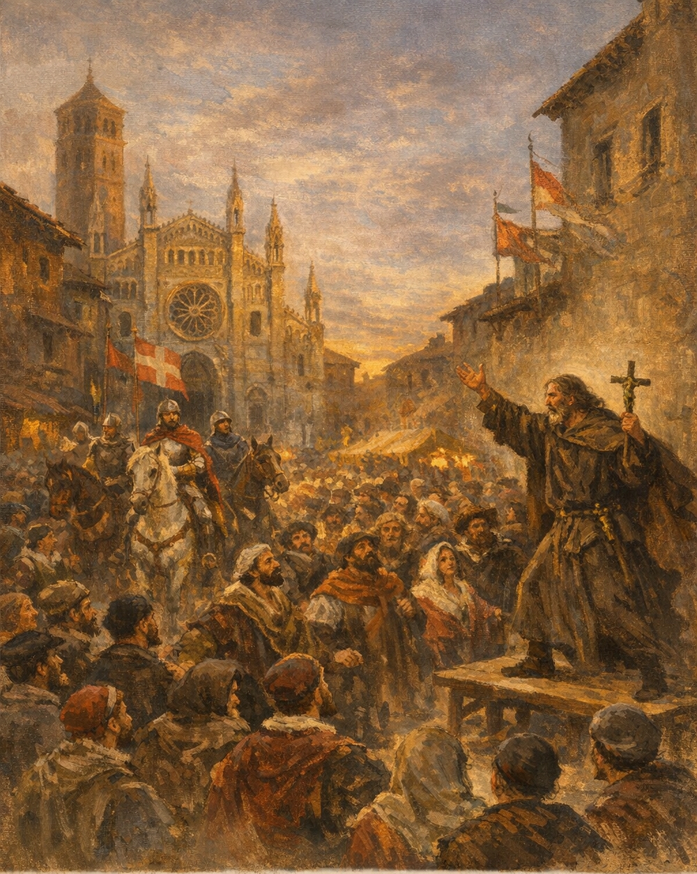 They arrived at the Piazza di San Giovanni in Monza around vespers and found a large crowd gathered around a priest who was preaching fervently from a bench.