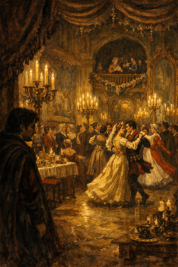 The banquet hall was resplendent with wax tapers, whose light glittered on the gilded ornaments and mirrors along the walls, and on the wreaths and jewels of the joyous dancers.